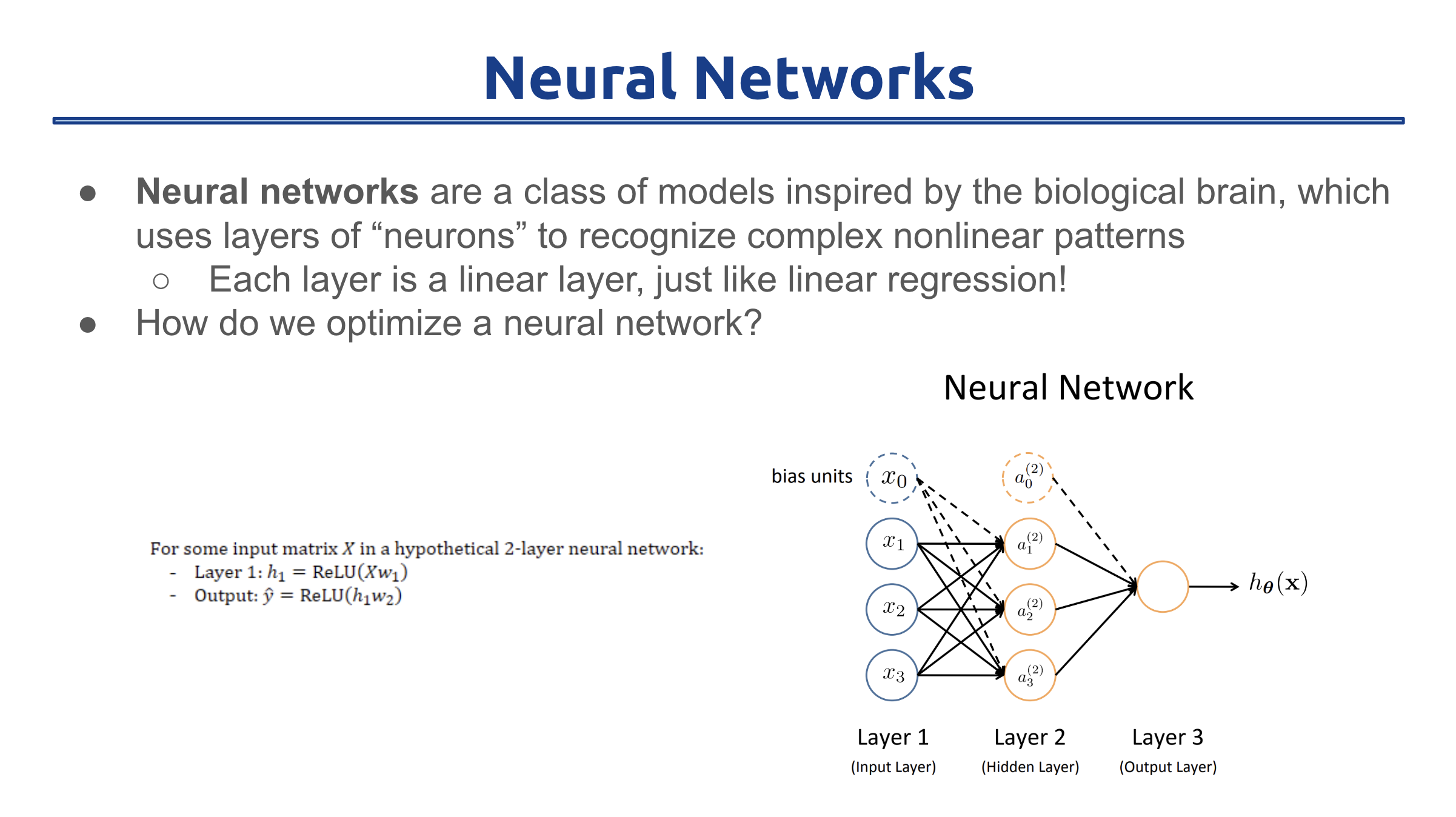 A neural network diagram connects input, hidden, and output layers with the equations used to calculate their values.